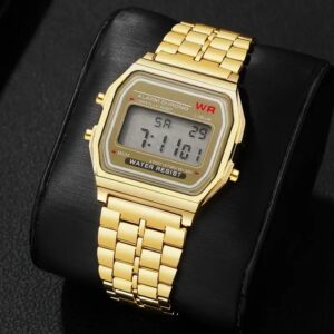 Relógio Eletrônico Feminino Caixa Quadrada, Pulseira de Aço Inoxidável, Caixa de Liga de Zinco